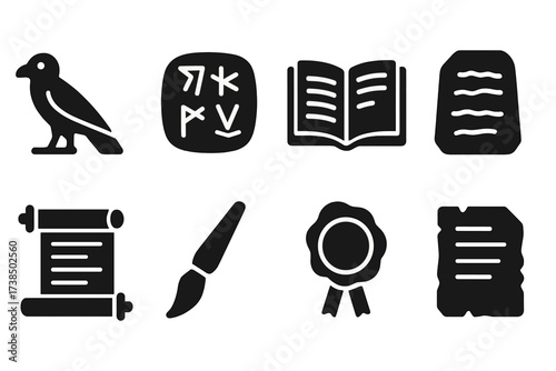 Ancient Writing Icons Grid. Solid, filled icon set of ancient scripts and writing: hieroglyph, cuneiform tablet, ancient book, carved stone, scroll, ink brush,
