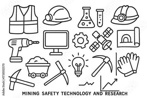 Mining Safety Doodle Icons. Hand-drawn doodle illustration Mining safety technology and research safety vest, hard hat, mining helmet, drill machine, computer,