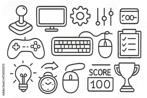 Game Setup Icons. Hand-drawn doodle illustration game preset joystick, computer screen, settings icon, gear, sliders, controller, keyboard, mouse, clipboard,