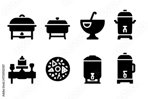 Banquet Catering Icons. Solid, filled icon set of banquet catering elements: chafing dish, food tray, punch bowl, beverage dispenser, dessert table, appetizer