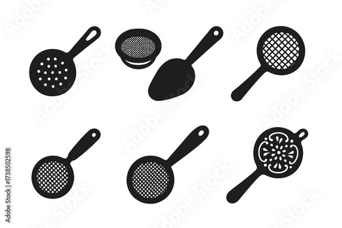 Vintage to Modern Strainers. Solid, filled icon set of strainer history and design: vintage strainer, antique sieve, traditional mesh, handmade strainer,