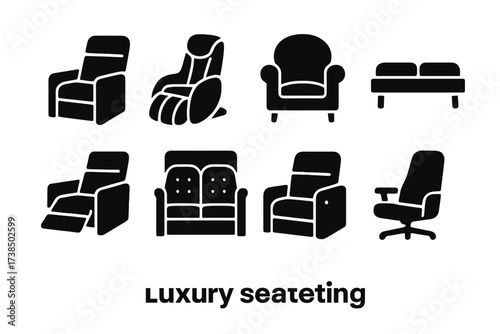 Luxury Seating Icons. Solid, filled icon set of luxury seating: leather recliner, massage chair, velvet armchair, cushioned bench, theater lounger, VIP booth,