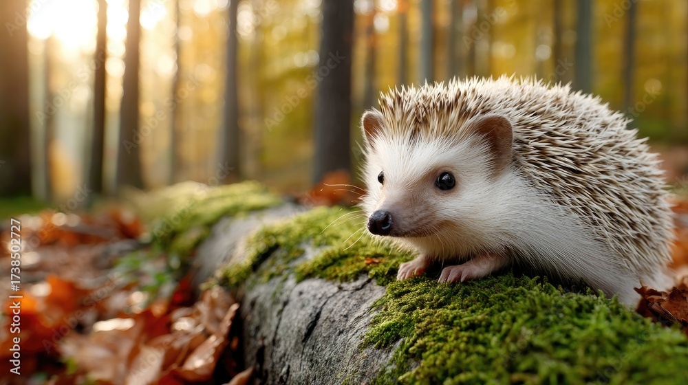 Naklejka premium A curious hedgehog navigates through vibrant green moss and fallen leaves in a serene forest setting on a sunny afternoon