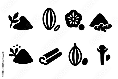 Middle Eastern Spice Icons. Solid, filled icon set of Middle Eastern spices: sumac, cumin, coriander, turmeric, za?atar, cinnamon, cardamom, cloves. [Line
