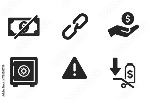 Funding Cuts Icons. Solid, filled icon set of funding cuts: dollar bill with slash, broken chain, empty safe, warning sign, document with dollar cut, contract