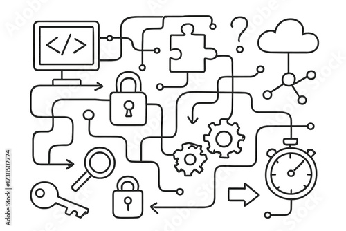 Tech Puzzle Doodle. Hand-drawn doodle illustration digital maze circuit lines, nodes, path, arrows, computer screen, code brackets, key, lock, magnifying