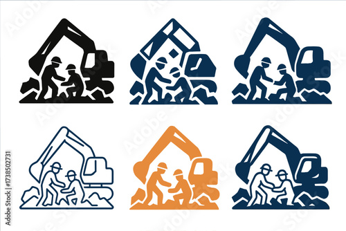 Emergency Rescue Logos. Rescue workers using heavy equipment to save lives. Set Logo of emergency rescue: excavator at disaster site. harmonious logo