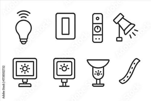 Smart Lighting Icons. Outline icon set of smart lighting: LED bulb, light switch, control panel, spotlight, floodlight, dimmer, reflector, LED strip. Line