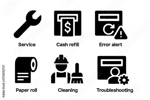 ATM Maintenance Icons. Solid, filled icon set of ATM maintenance: service wrench, cash refill, error alert, software update, paper roll, cleaning brush,
