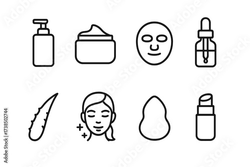 Skincare Icon Set. Outline icon set of smooth texture in skincare: lotion bottle, moisturizer jar, face mask, serum dropper, aloe leaf, smooth skin, makeup