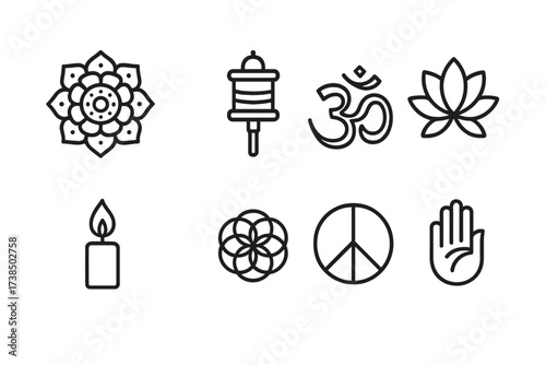 Spiritual Symbol Icons. Outline icon set of spiritual symbols: mandala, prayer wheel, om symbol, chakra, candle flame, sacred geometry, peace sign, hand mudra.