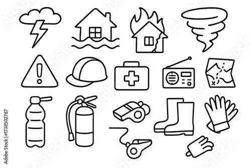 Disaster Preparedness Icons. Hand-drawn doodle illustration natural hazards awareness lightning, flood, fire, earthquake, tornado, warning sign, helmet, first