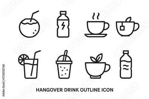 Hangover Drink Icons. Outline icon set of hangover drinks: coconut water, sports drink, coffee cup, green tea, lemon water, smoothie, herbal infusion, mineral