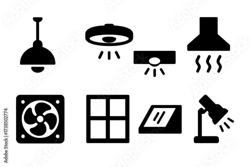 Kitchen Lighting Icons. Solid, filled icon set of kitchen lighting and ventilation: pendant lamp, ceiling light, under-cabinet light, range hood, exhaust fan,