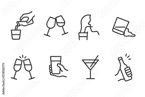 Drinking Actions Icons. Outline icon set of drinking actions: pouring drink, clinking glasses, sipping straw, spilled drink, cheers toast, holding glass,
