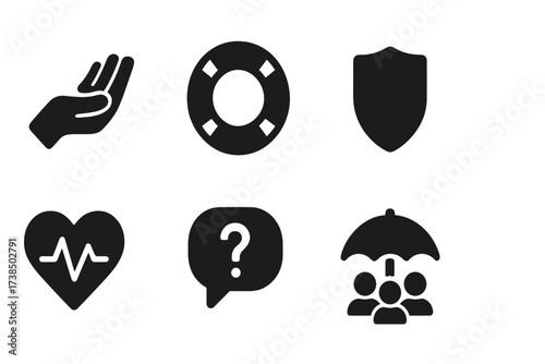 Support Icon Set. Solid, filled icon set of support: helping hand, lifebuoy, shield, handshake, heart with pulse, speech bubble with question mark, group of