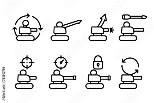 Turret Action Icons. Outline icon set of turret actions: rotation, elevation, firing, loading, targeting, scanning, locking, reloading. Line icons in only