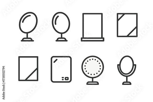 Mirror Icon Set. Outline icon set of mirror types: convex mirror, concave mirror, flat mirror, beveled mirror, tinted mirror, smart mirror, lighted mirror,