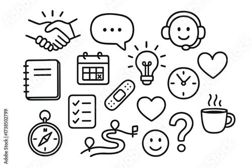 Seeking Help Doodle. Hand-drawn doodle illustration Seeking help after mistakes handshake, speech bubble, headset, notebook, calendar, light bulb, bandage,