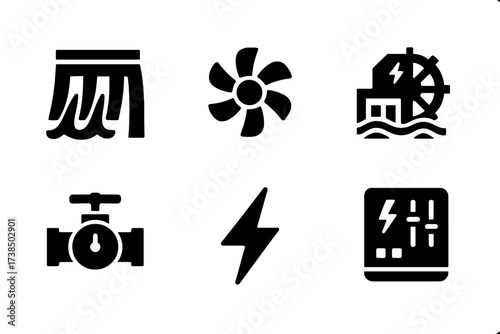 Hydropower Icons Grid. Solid, filled icon set of hydro power: dam, turbine, hydroelectric plant, waterwheel, pipeline valve, pressure gauge, energy bolt,
