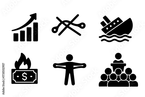 Market Overreach Icon Set. Solid, filled icon set of market overreach: expanding market, crossed wires, overloaded shopping cart, sinking ship, burning cash,