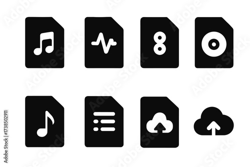 Audio Format Icons. Solid, filled icon set of recording file formats: mp3, wav, aiff, flac, ogg, midi, playlist, cloud upload. Solid, filled icons in only