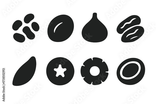Dried Fruits Icons. Solid, filled icon set of dried fruits: raisins, dried apricot, dried fig, dried dates, dried mango, dried apple, dried pineapple, dried
