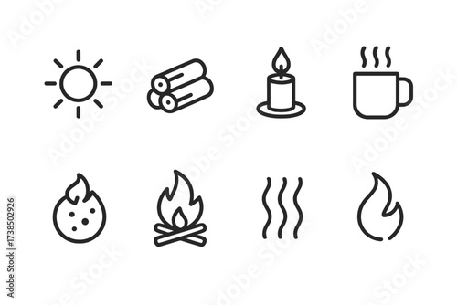 Warm Elements Icons. Outline icon set of warm elements: sun, firewood, candle, hot drink, ember, bonfire, heat waves, flame trail. [Line icons in only black