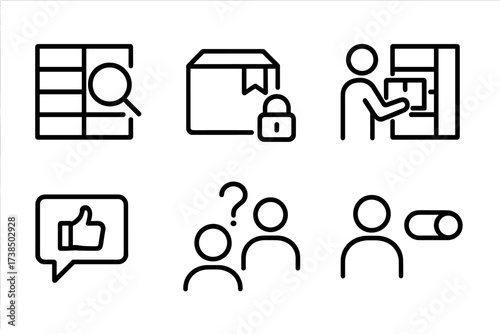 User Interaction Icons. Outline icon set of user interactions: locker search, package reservation, locker unlock, package retrieval, locker feedback, help