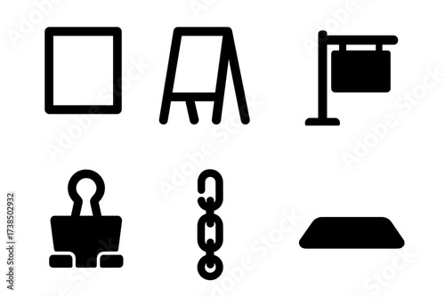 Menu Board Icons. Solid, filled icon set of menu board signage accessories: mounting frame, easel, stand, bracket, clip, hook, chain, base plate. Solid, filled