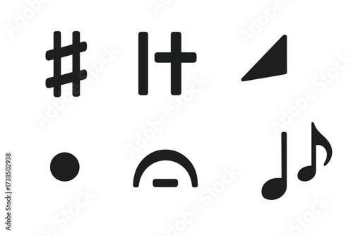 Musical Symbols Grid. Solid, filled icon set of sound accents: sharp note, flat note, natural sign, accent mark, staccato dot, fermata, tenuto, grace note.