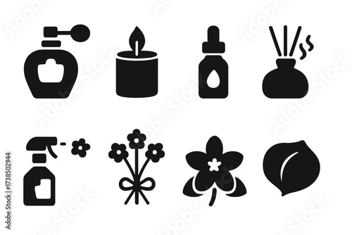 Fragrance Icons Grid. Solid, filled icon set of flower scent and fragrance: perfume bottle, scented candle, essential oil, aroma diffuser, floral spray,