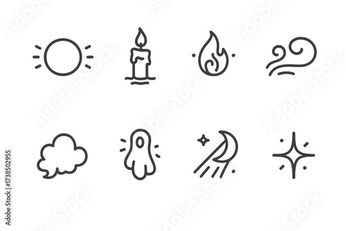 Ghostly Lights Icons. Outline icon set of ghostly lights and effects: glowing orb, floating candle, flickering flame, mist swirl, shadowy cloud, spectral glow,