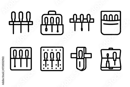 Tool Storage Icons. Outline icon set of screwdriver storage: tool rack, toolbox, magnetic strip, pouch, drawer organizer, pegboard, belt holster, case. Line