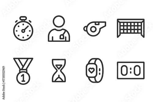 Sports Discipline Icons. Outline icon set of discipline in sports: stopwatch, training, coach whistle, goal, medal, timer, fitness tracker, scoreboard. Line