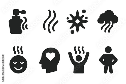 Perfume Effects Icons. Solid, filled icon set of perfume effects: scent trail, aroma waves, scent burst, fragrance cloud, mood icon, memory icon, relaxation