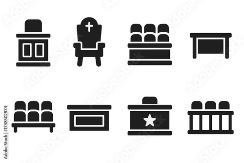 Courtroom Furniture Icons. Solid, filled icon set of courtroom furniture: witness stand, judge?s chair, jury box seats, lawyer?s table, audience seating, bench