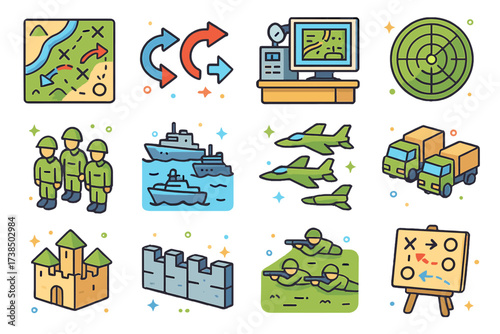 Colorful Military Strategy Icons. Military strategy. Colorful isometric vector icons set of military strategy: battlefield map, red and blue arrows, command