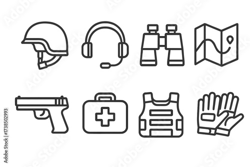 Armored Crew Essentials. Outline icon set of armored vehicle crew equipment: helmet, radio headset, binoculars, map, pistol, survival kit, body armor, gloves.