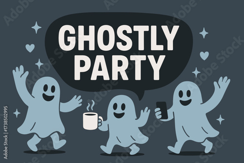 Ghostly Party Banner. GhostlyParty banner, flat vector illustration, bold oversized text inside rounded blob, cartoon characters dancing and waving at banner,