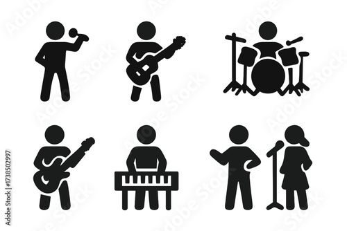 Concert Performers Icons. Solid, filled icon set of concert performers: singer, guitarist, drummer, bassist, keyboardist, DJ, conductor, backup vocalist.