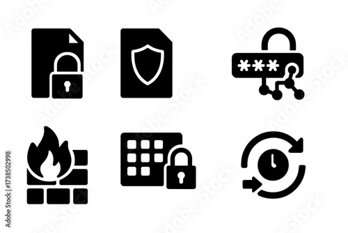 Report Security Icons. Solid, filled icon set of report security: padlock, shield, password, encryption, firewall, access control, backup, secure transfer.