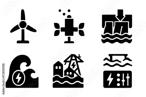 Tidal Energy Icons. Solid, filled icon set of tidal energy: tidal turbine, underwater generator, sea dam, water flow, energy wave, tidal power plant, electric