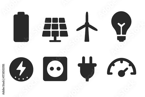 Energy Icons Grid. Solid, filled icon set of energy performance: battery, solar panel, wind turbine, lightbulb, energy meter, power socket, electrical plug,