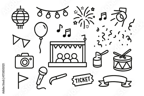 Festival Doodle Icons. Hand-drawn doodle illustration Festival lighting and ambiance lantern, string lights, fireworks, spotlight, crowd, stage, balloon, music