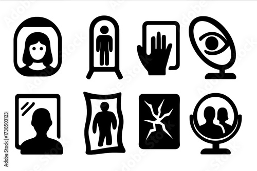 Mirror Reflection Icons. Solid, filled icon set of mirror reflections: face reflection, full body reflection, hand reflection, eye reflection, silhouette,