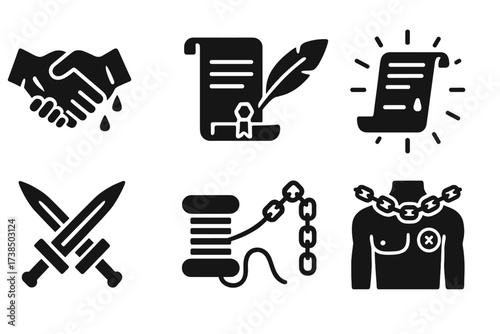 Blood Pact Icons. Solid, filled icon set of blood pact: shaking hands with cuts, sealed scroll, glowing contract, twin blades, crimson thread, chained oath,