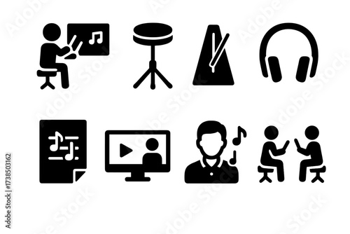 Music Practice Icons. Solid, filled icon set of drum throne practice: music lesson, practice pad, metronome, headphones, sheet music, video tutorial,