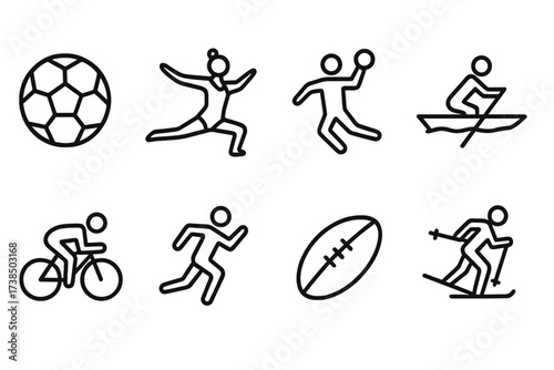 Romanian Sports Icons. Outline icon set of Romanian sports: football ball, gymnastics, handball, rowing, cycling, athletics, rugby, skiing. Line icons in only