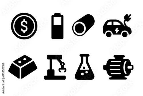 Nickel Application Icons. Solid, filled icon set of nickel applications: coin, battery cell, stainless steel pipe, electric car, alloy block, industrial